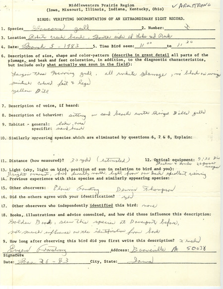 Rare bird documentation form for a Glaucous Gull at Roberts Creek Beach at Lake Red Rock in Marion County, IA on March 5, 1983.