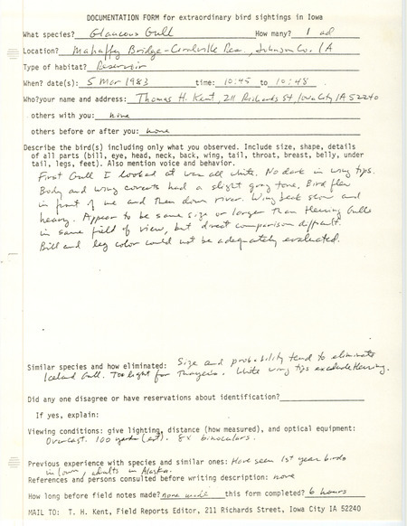 Rare bird documentation form for a Glaucous Gull at Mehaffey Bridge at Coralville Reservoir in Johnson County, IA on March 5, 1983.