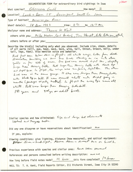 Rare bird documentation form for two Glaucous Gulls at Lock and Dam 15 at Davenport in Scott County, IA on December 18, 1983.