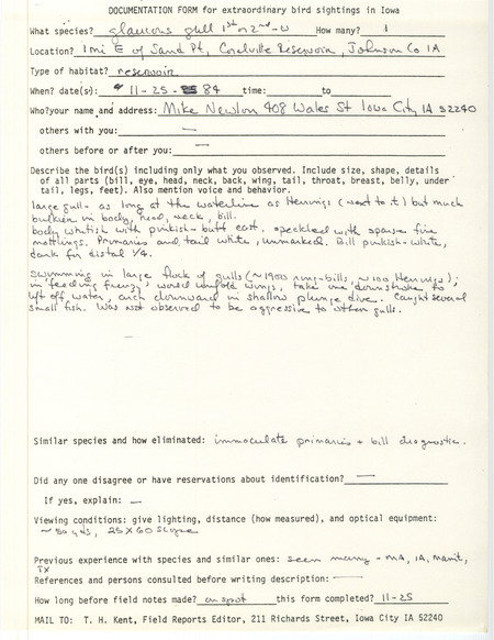 Rare bird documentation form for a Glaucous Gull east of Sand Point at Coralville Reservoir in Johnson County, IA on November 25, 1984.