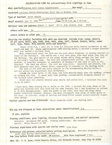 Rare bird documentation form for Glaucous Gull at Lock and Dam 19 at Keokuk in Lee County, IA on January 9 ,1985 and January 10, 1985.