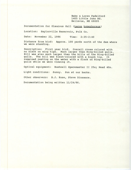 Rare bird documentation form for a Glaucous Gull at Saylorville Reservoir in Polk County, IA on November 22, 1986.