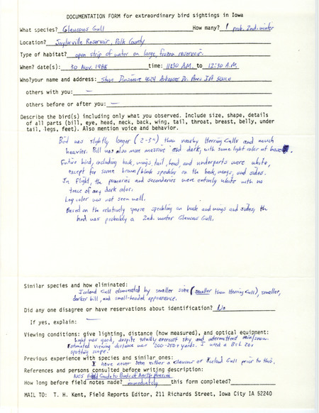 Rare bird documentation form for a Glaucous Gull at Saylorville Reservoir in Polk County, IA on November 30, 1988.