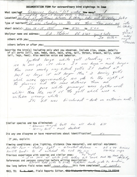 Rare bird documentation form for a Glaucous Gull near Arnolds Park in Dickinson County in November 14 and 15, 1995.