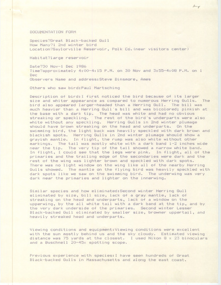 Rare bird documentation form for a Great Black-backed Gull at Saylorville Reservoir in Polk County, IA on November 30, 1986 and December 1, 1986.
