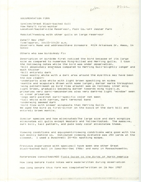Rare bird documentation form for a Great Black-backed Gull at Saylorville Reservoir in Polk County, IA on November 7, 1987.