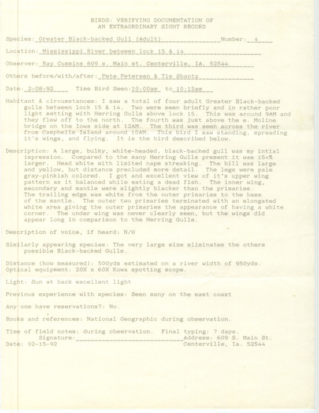 Rare bird documentation form for four Greater Black-backed Gulls between Lock and Dam 15 and Lock and Dam 14 in Scott County, IA on February 8, 1992.