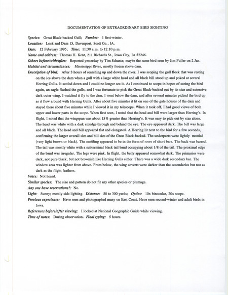 Rare bird documentation form for a Great Black-backed Gull at Lock and Dam 15 in Scott County, IA on February 12, 1995.