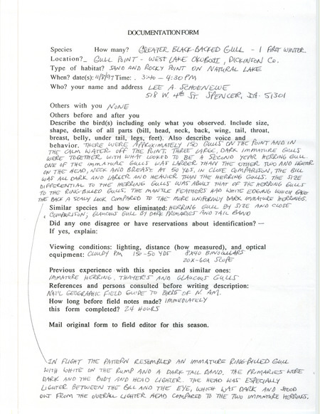 Rare bird documentation form for a Great Black-backed Gull at Gull Point at West Lake Okoboji in Dickinson County, IA on November 8, 1997.