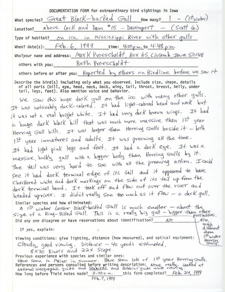 Rare bird documentation form for a Great Black-backed Gull at Lock and Dam 15 in Scott County, IA on February 6, 1999.