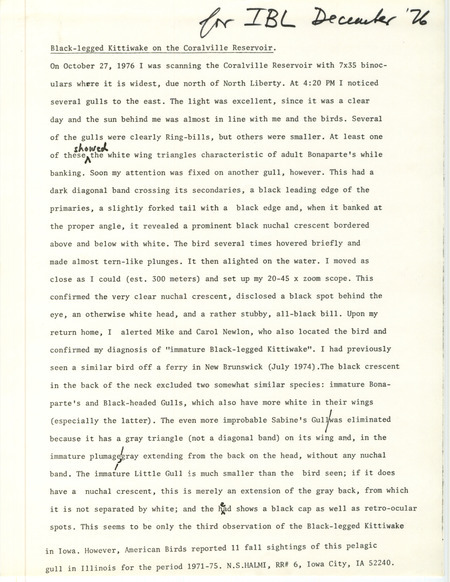 Field notes by N. S. Halmi for a Black-legged Kittiwake at Coralville Reservoir on October 27, 1976.