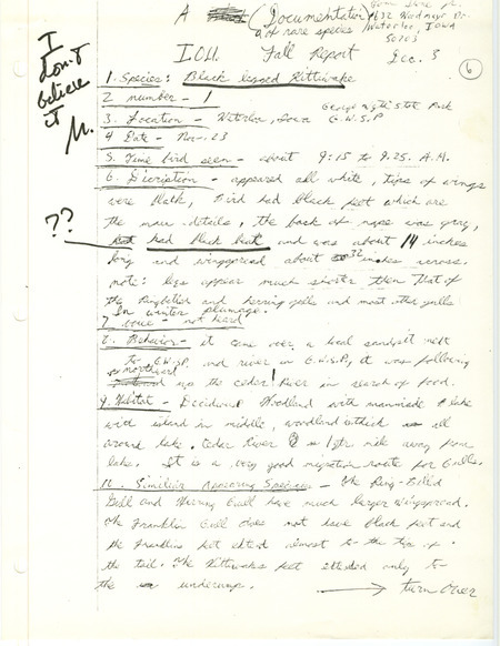 Rare bird documentation form for a Black-legged Kittiwake at George Wyth State Park in Black Hawk County, IA on November 23, 1978.