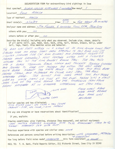 Rare bird documentation form for a Black-legged Kittiwake at Cone March in Louisa County, IA on March 12, 1987.