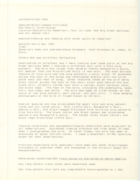 Rare bird documentation form for a Black-legged Kittiwake at Saylorville Reservoir in Polk County, IA from October 25 to November 2, 1987.