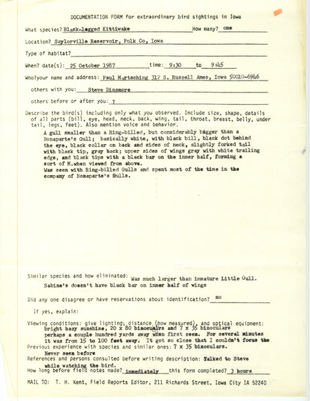 Rare bird documentation form for a Black-legged Kittiwake at Saylorville Reservoir in Polk County, IA on October 25, 1987.