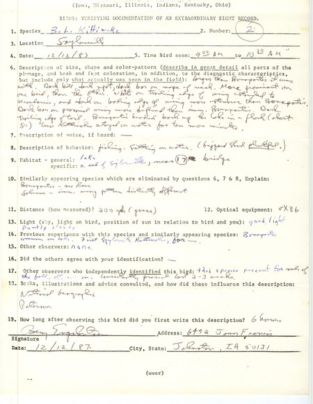 Rare bird documentation form for two Black-legged Kittiwakes at Saylorville in Polk County, IA on December 12, 1987.