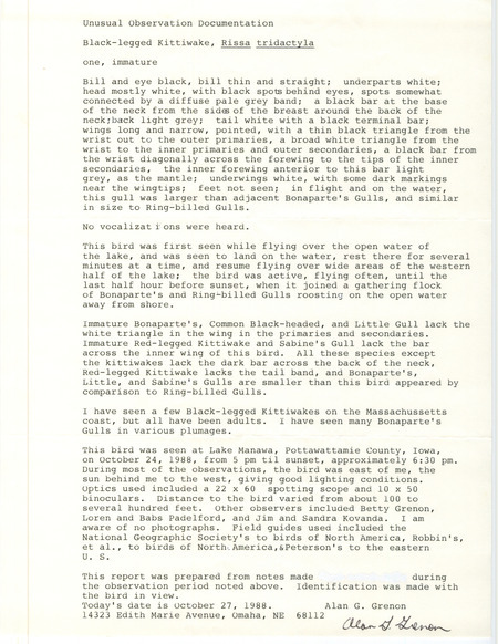 Rare bird documentation form for a Black-legged Kittiwake at Lake Manawa in Pottawattamie County, IA on October 24, 1988.