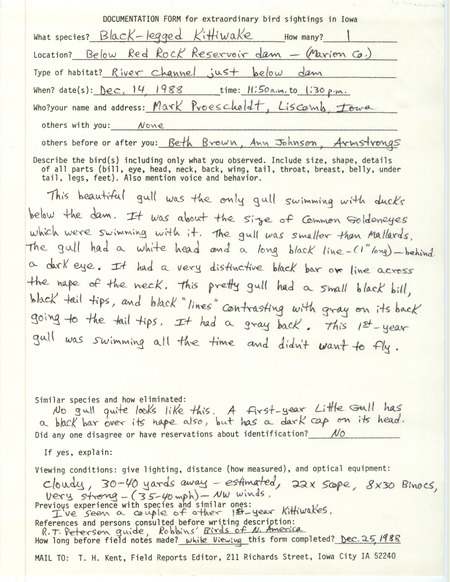 Rare bird documentation form for a Black-legged Kittiwake at Red Rock Dam in Marion County, IA on December 14, 1988.