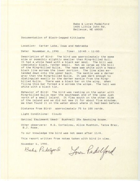 Rare bird documentation form for a Black-legged Kittiwake at Carter Lake in Pottawattamie County, IA on November 4, 1990.