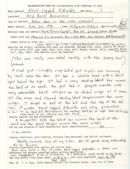 Rare bird documentation form for a Black-legged Kittiwake at Red Rock Dam in Marion County, IA on December 24, 1990.