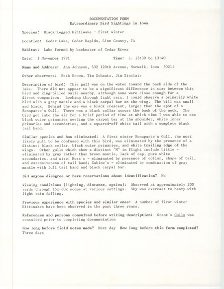Rare bird documentation form for a Black-legged Kittiwake at Cedar Lake in Linn County, IA on November 1, 1991.
