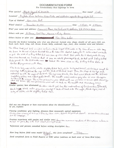Rare bird documentation form for a Black-legged Kittiwake at George Wyth State Park in Black Hawk County, IA on December 21, 1997.