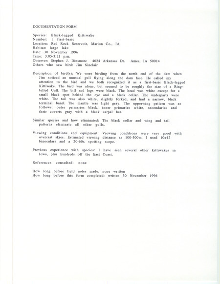 Rare bird documentation form for a Black-legged Kittiwake at Red Rock Reservoir in Marion County, IA on November 30, 1996.