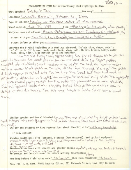 Rare bird documentation form for a Forster's Tern at Coralville Reservoir in Johnson County, IA on October 21, 1983.