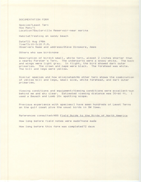 Rare bird documentation form for a Least Tern at Saylorville Marina in Polk County, IA on August 21, 1986.