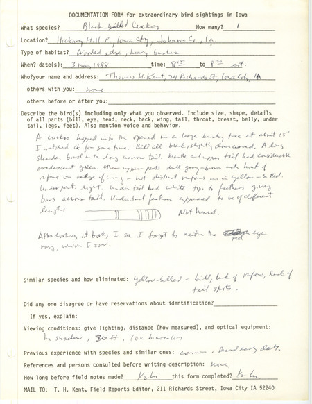 Rare bird documentation form for a Black-billed Cuckoo at Hickory Hill Park in Johnson County, IA on May 3, 1988.