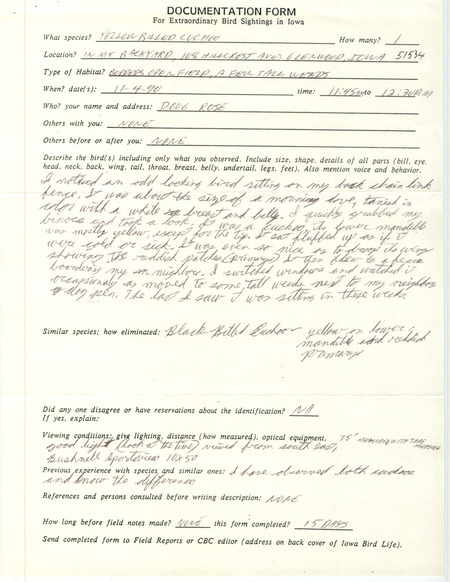 Rare bird documentation form for a Yellow-billed Cuckoo at Glenwood in Mills County, IA on November 4, 1990.