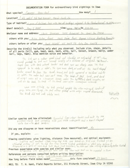 Rare bird documentation form for a Common Barn Owl west of Red Rock Reservoir in Marion County, IA on May 5, 1984.