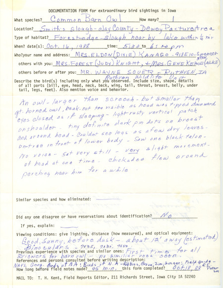Rare bird documentation form for a Common Barn Owl at Smith's Slough in Clay County, IA on October 16, 1988.