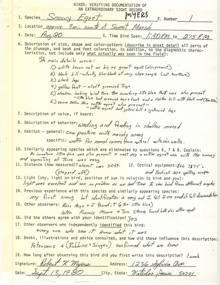Rare bird documentation form for a Snowy Egret south of Sweet March in Bremer County, IA on August 30, 1980.