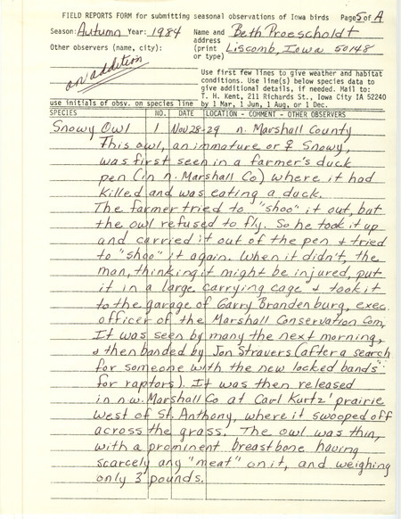 Rare bird documentation form for a Snowy Owl in North Marshall County, IA on November 28--29, 1984.