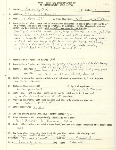 Rare bird documentation form for a Burrowing Owl south of Ames in Story County, IA on April 1, 1981.