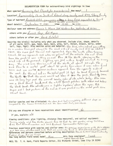 Rare bird documentation form for a Burrowing Owl south of Roland in Story County, IA on September 7, 1981.