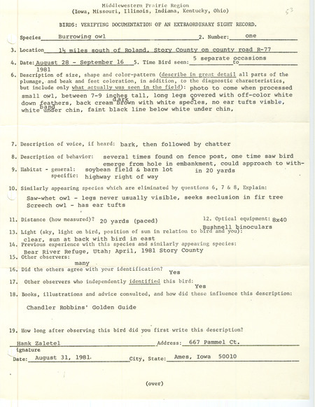 Rare bird documentation form for a Burrowing Owl south of Roland in Story County, IA from August 28 to September 16, 1981.