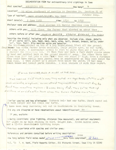 Rare bird documentation form for four Burrowing Owls at Pitcher Township in Cherokee County, IA on June 5, 1985.