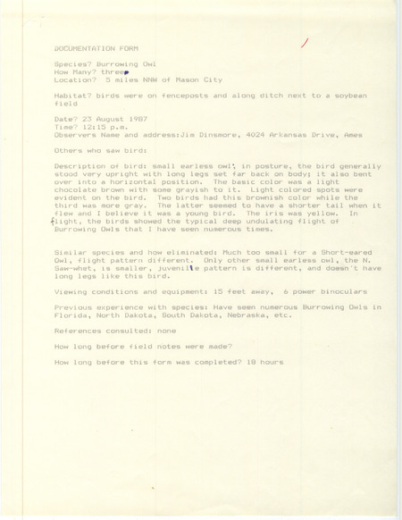 Rare bird documentation form for three Burrowing Owls north-northwest of Mason City in Cerro Gordo County, IA on August 23, 1987.