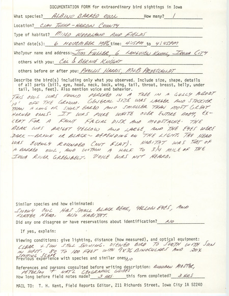 Rare bird documentation form for an albino Barred Owl at Clay Township in Hardin County, IA on November 6, 1986.