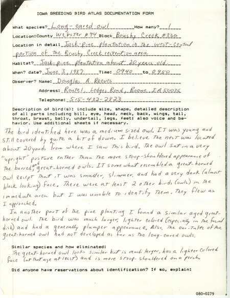 Rare bird documentation form for a Long-eared Owl at Brushy Creek Recreation Area in Webster County, IA on June 3, 1987.