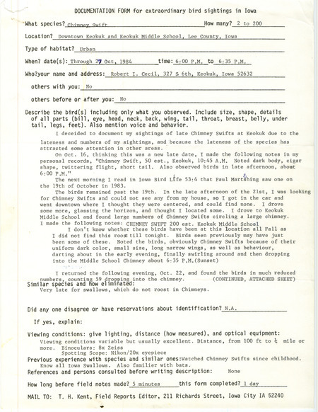 Rare bird documentation form for two to two hundred Chimney Swifts at downtown Keokuk and Keokuk Middle School in Lee County, IA from October 12 to October 27, 1984.
