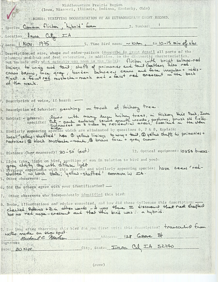 Rare bird documentation form for a Common Flicker hybrid at Iowa CIty in Johnson County, IA on November 1, 1975.