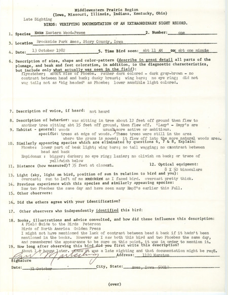 Rare bird documentation form for a Eastern Wood-Pewee at Brookside Park in Ames in Story County, IA on October 13, 1982.