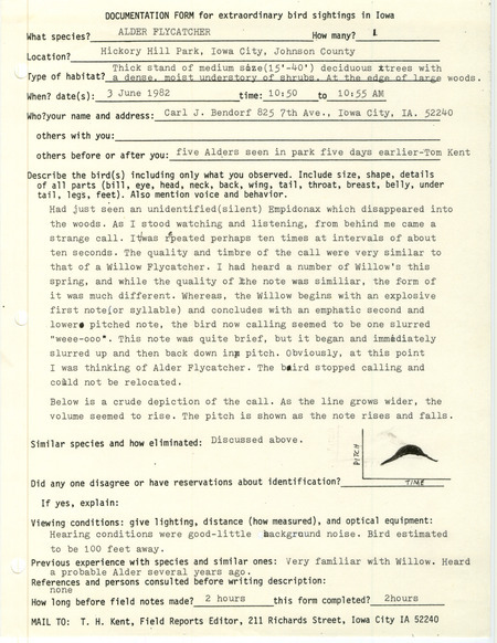 Rare bird documentation form for an Alder Flycatcher at Hickory Hill Park in Iowa City in Johnson County, IA on June 3, 1982.