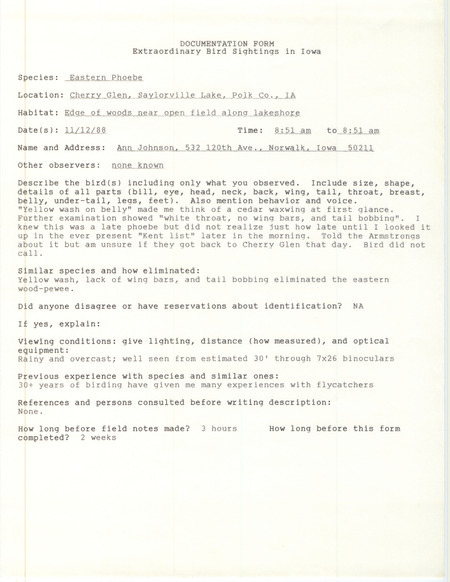 Rare bird documentation form for an Eastern Phoebe at Cherry Glen Recreation Area at Saylorville Lake in Polk County, IA on November 12, 1988.