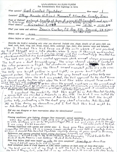 Rare bird documentation form for a Great Crested Flycatcher at Effigy Mounds National Monument in Allamakee County on November 8, 1993.