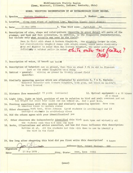 Rare bird documentation form for a Western Kingbird at Anderson Goose Lake in Hamilton County, IA on May 15, 1978.
