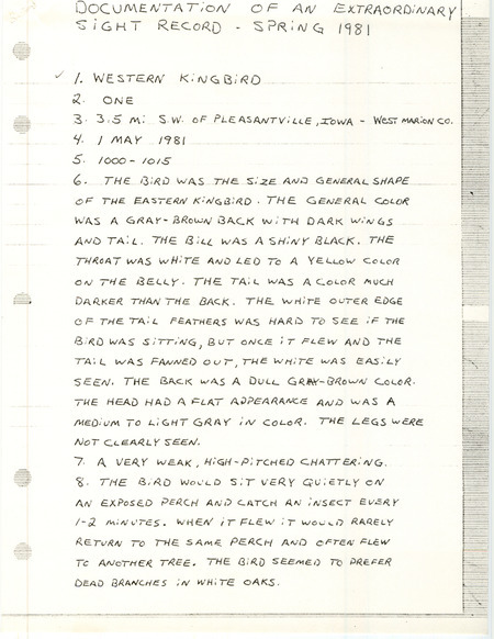 Rare bird documentation form for a Western Kingbird southwest of Pleasantville in Marion County, IA on May 1, 1981.
